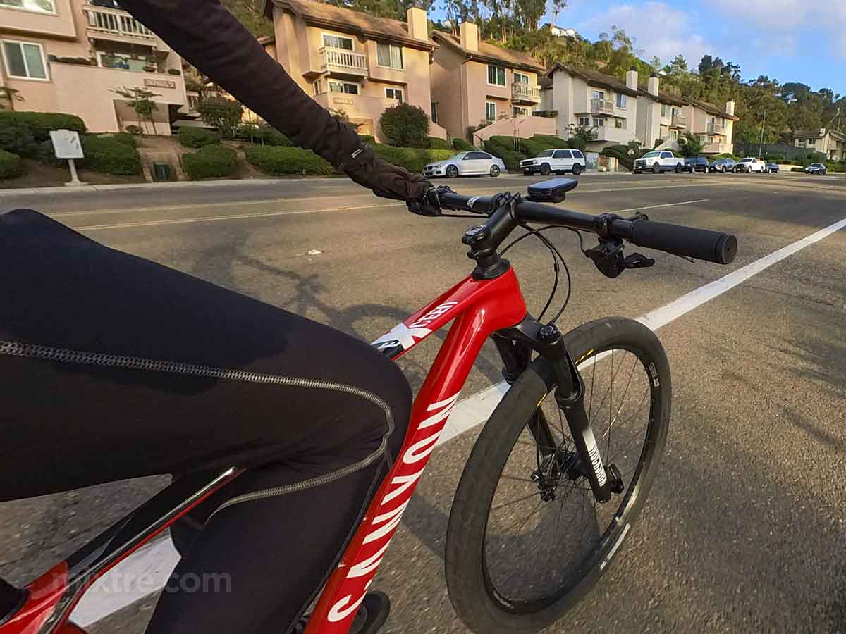 Riding a red 2023 canyon Exceed CF 5 small frame