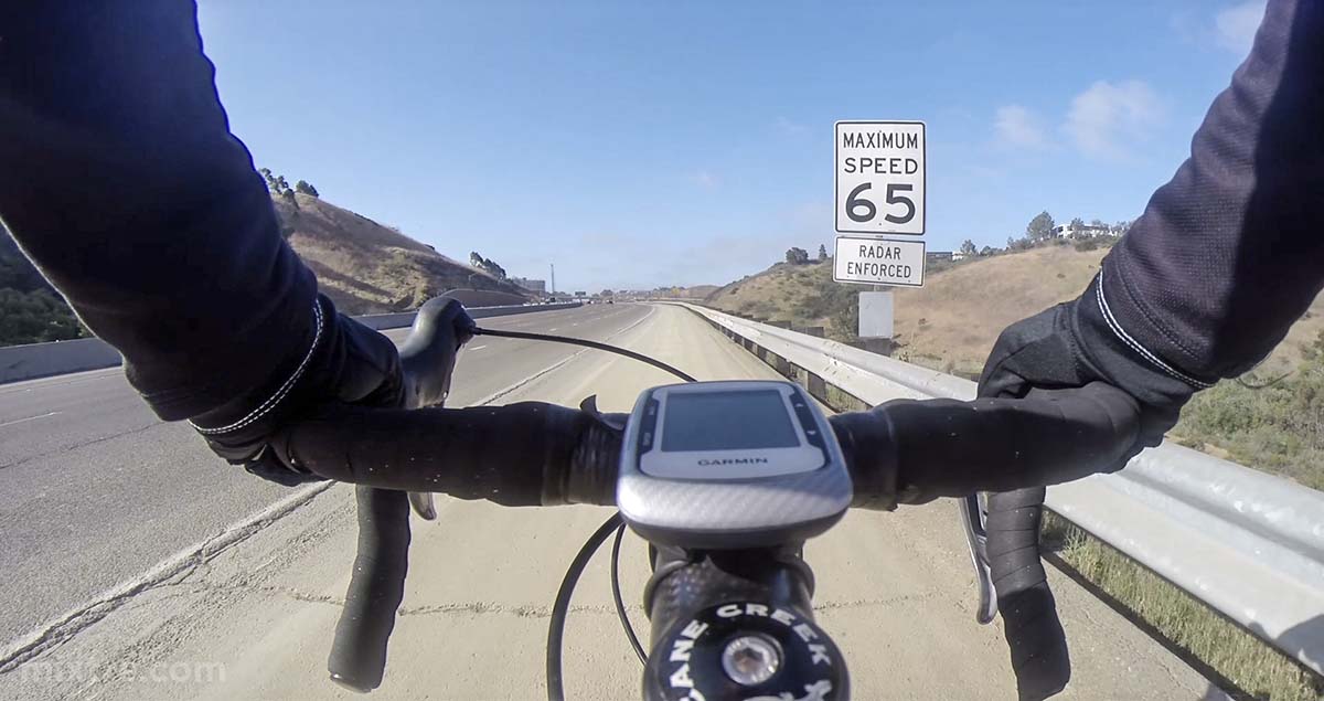 Riding on the shoulder of interstate 5 on a bicycle in San Diego