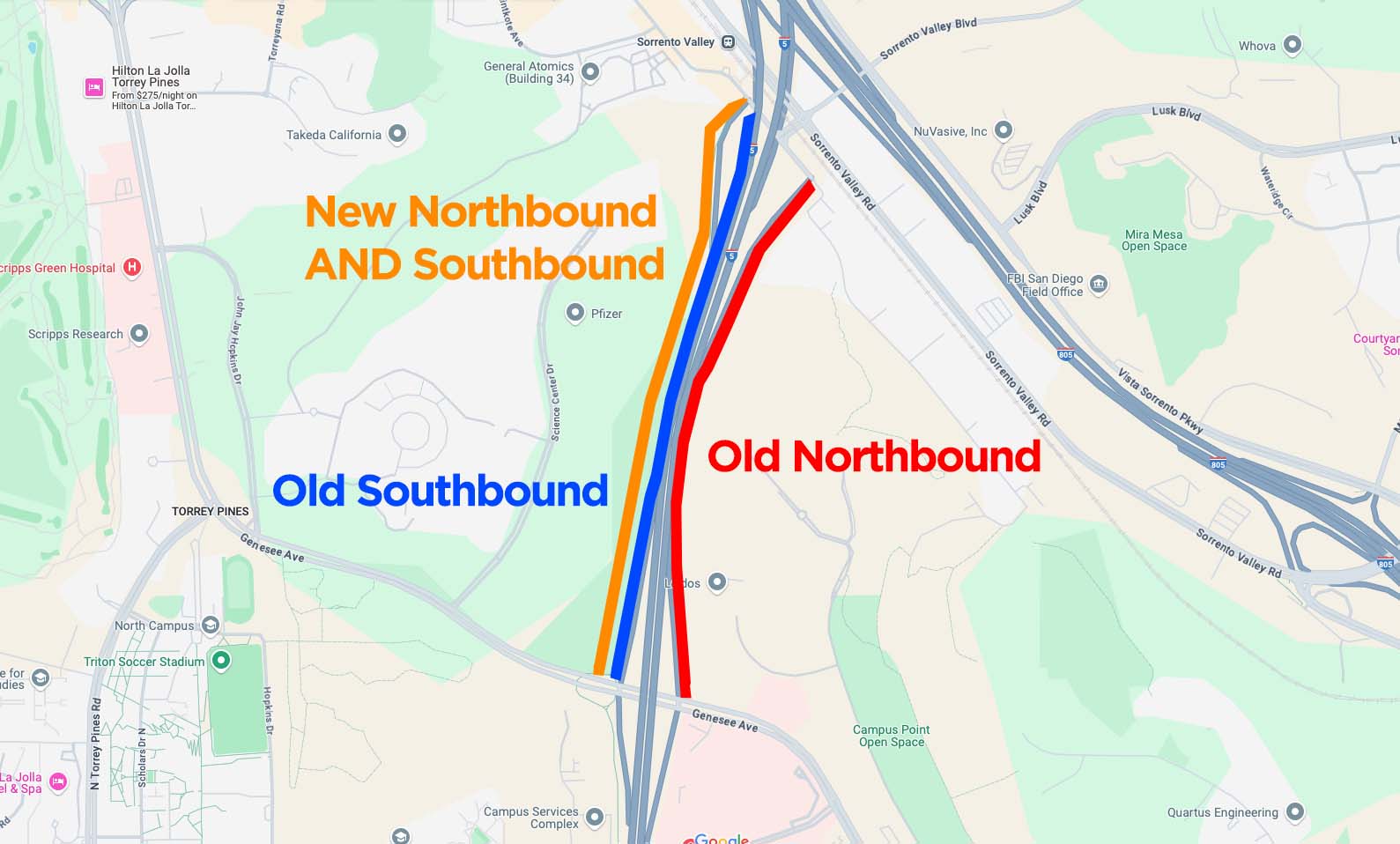 Map showing bike route along I-5 between Genesee Avenue and Sorrento Valley Road in San Diego